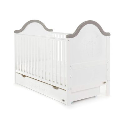 white and grey cot bed
