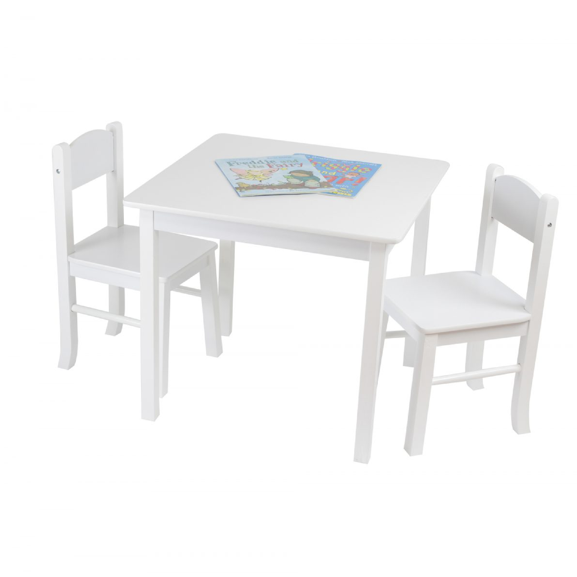 white wooden childrens table and chairs